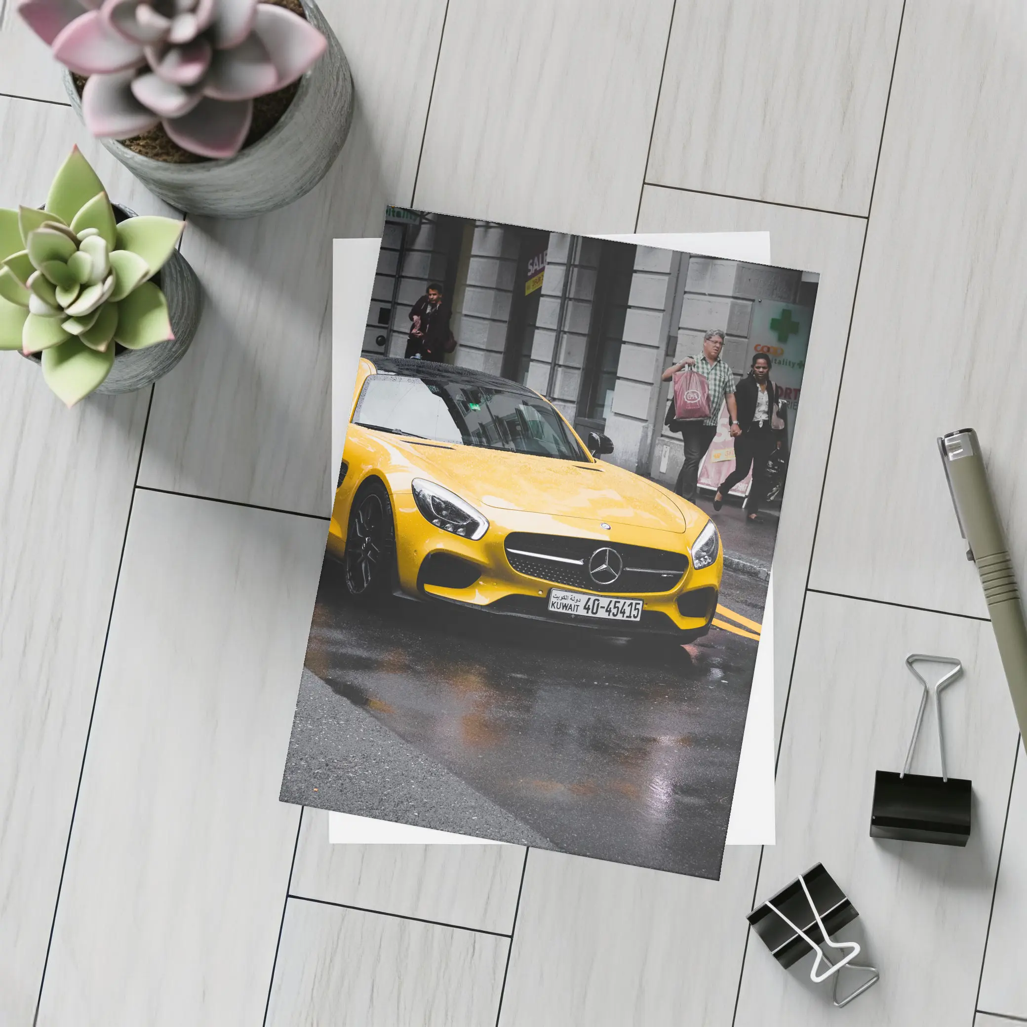Yellow Mercedes AMG GT Rainy City Street – Postcards