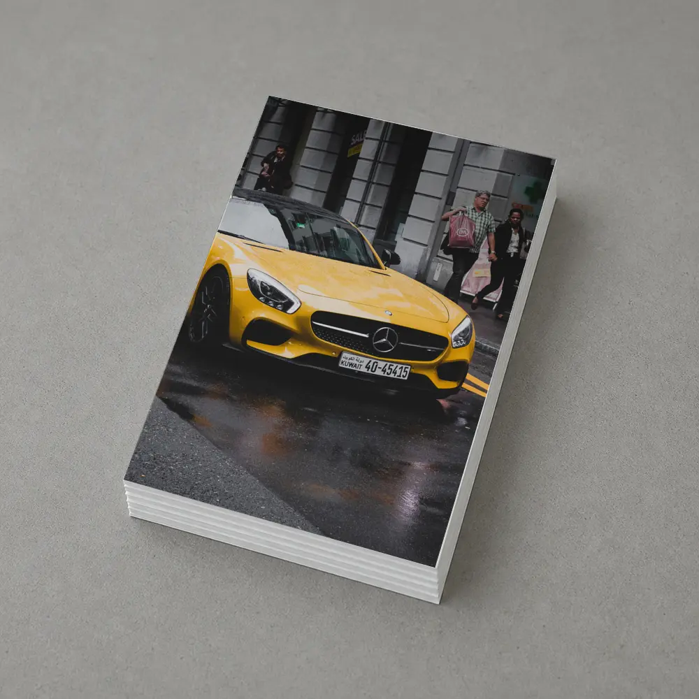 Yellow Mercedes AMG GT Rainy City Street – Postcards