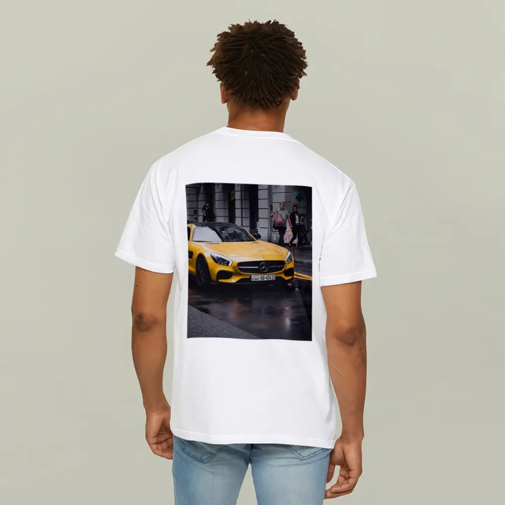 Yellow Mercedes AMG GT Rainy City Street – T-Shirts