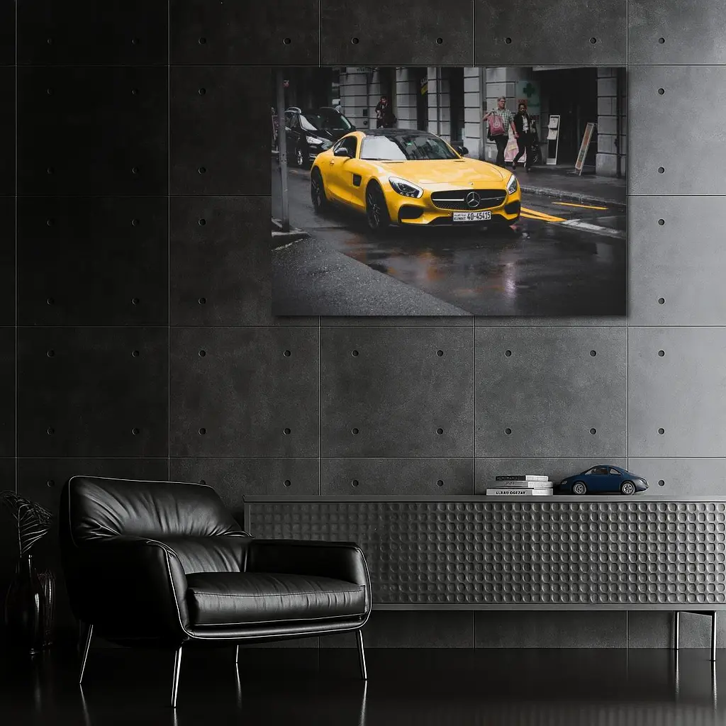 Yellow Mercedes AMG GT Rainy City Street – Wall Art