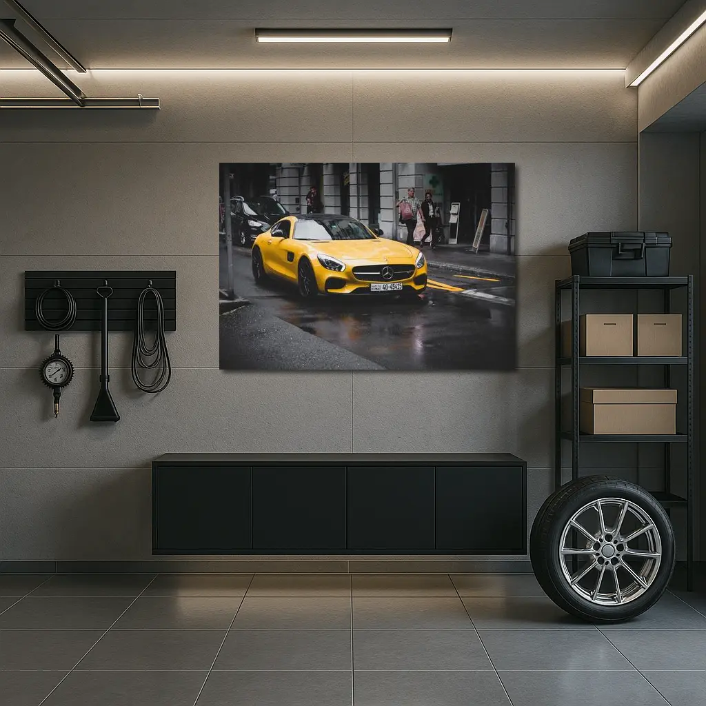 Yellow Mercedes AMG GT Rainy City Street – Wall Art