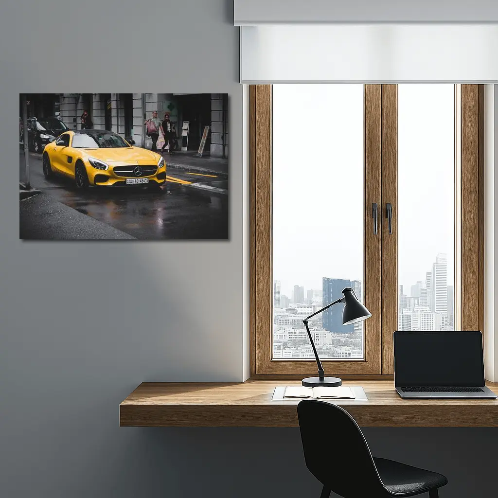 Yellow Mercedes AMG GT Rainy City Street – Wall Art