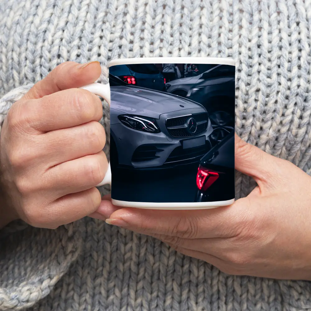 Mercedes E Class Silver Car Dark Street – Mugs
