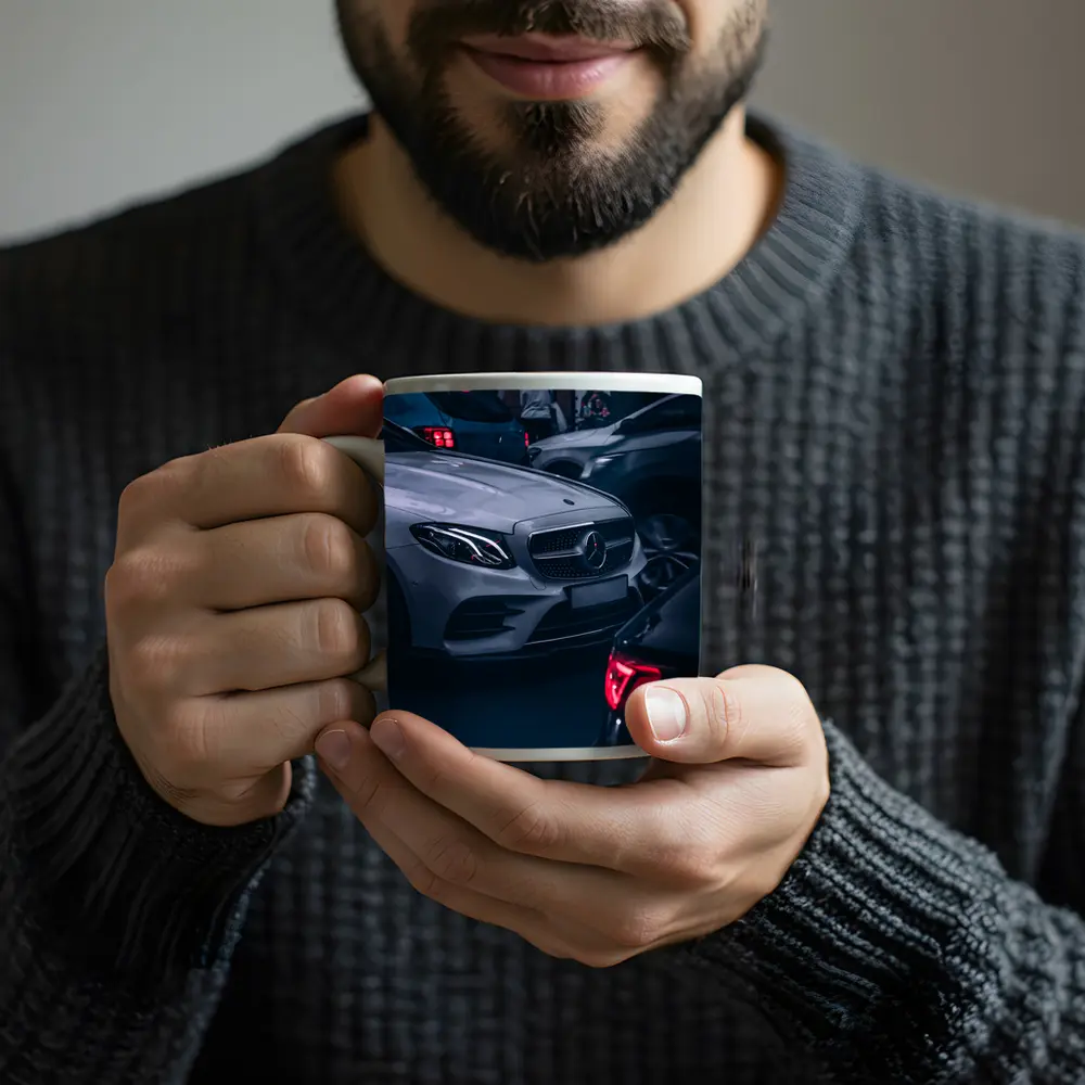 Mercedes E Class Silver Car Dark Street – Mugs