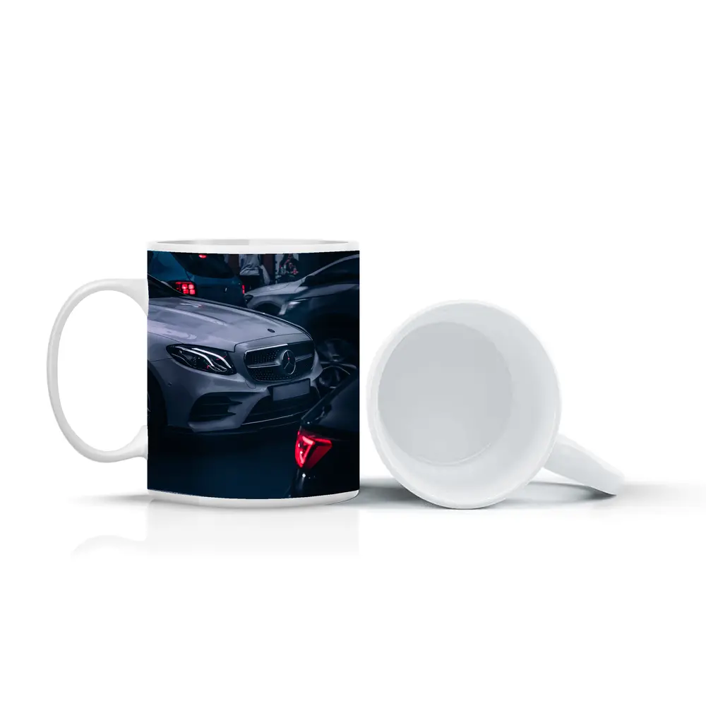 Mercedes E Class Silver Car Dark Street – Mugs