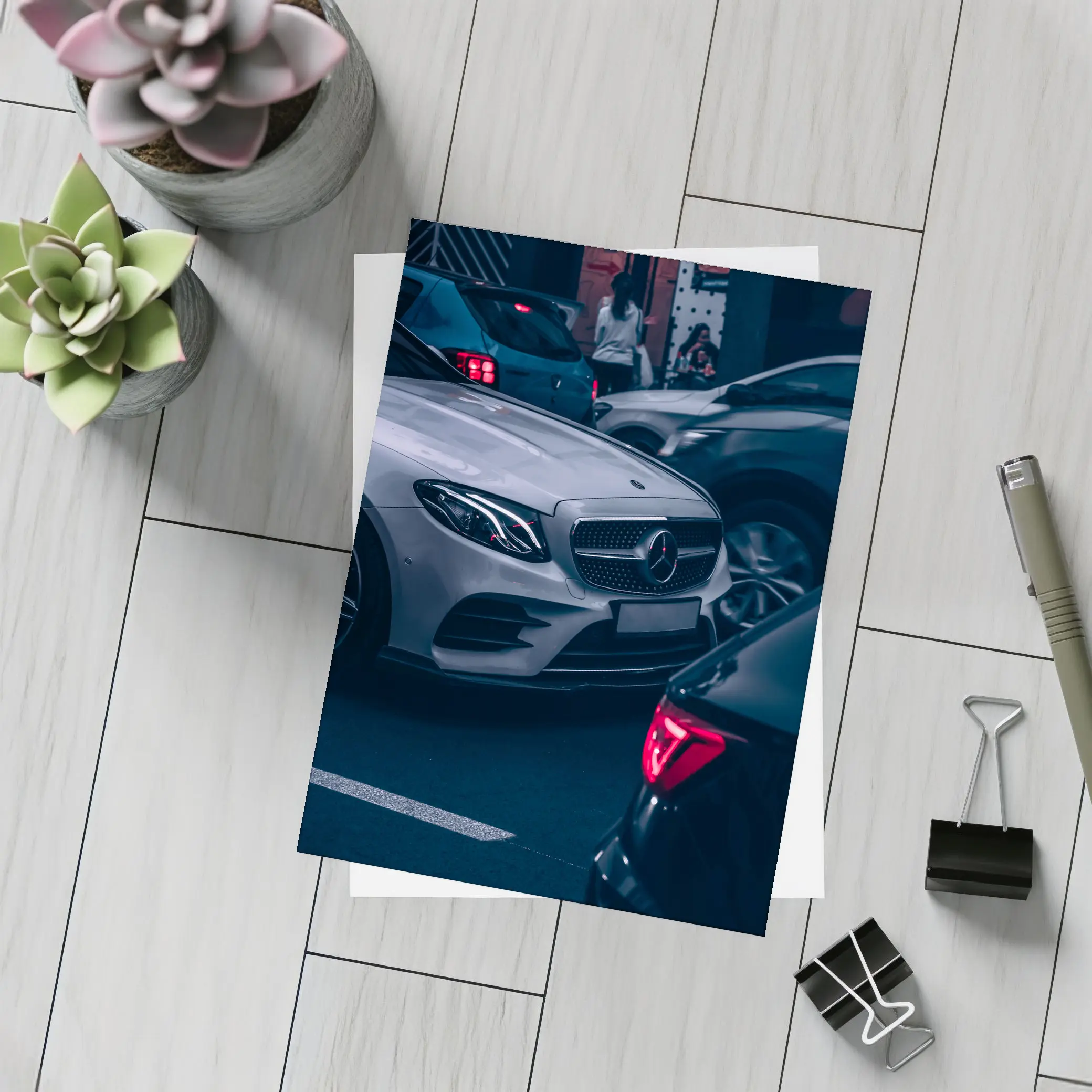 Mercedes E Class Silver Car Dark Street – Postcards