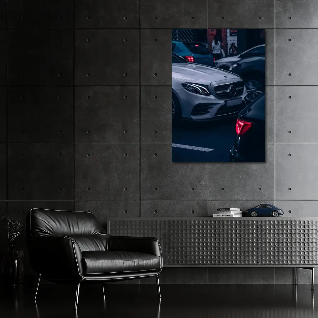 Mercedes E Class Silver Car Dark Street – Wall Art