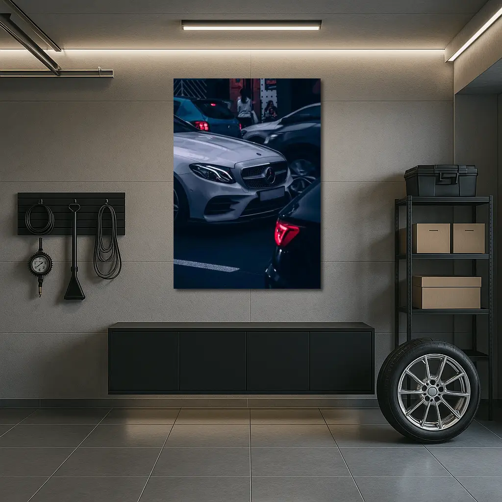 Mercedes E Class Silver Car Dark Street – Wall Art