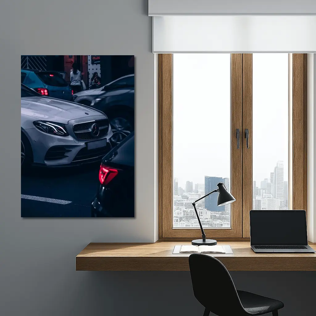 Mercedes E Class Silver Car Dark Street – Wall Art