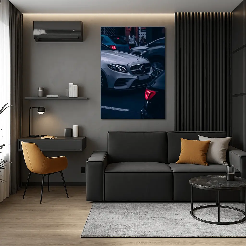 Mercedes E Class Silver Car Dark Street – Wall Art