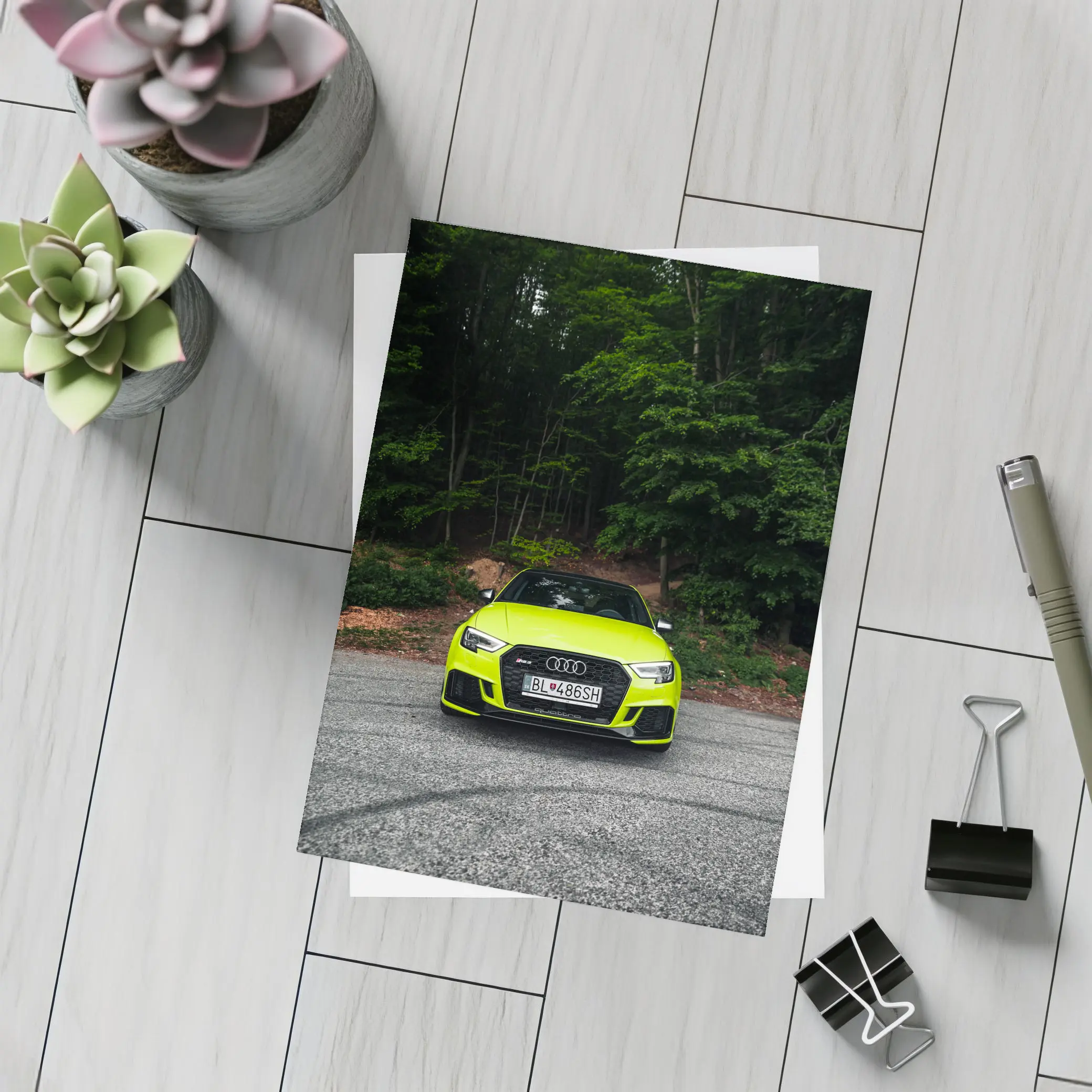 Audi RS3 Neon Green Front Forest Road – Postcards