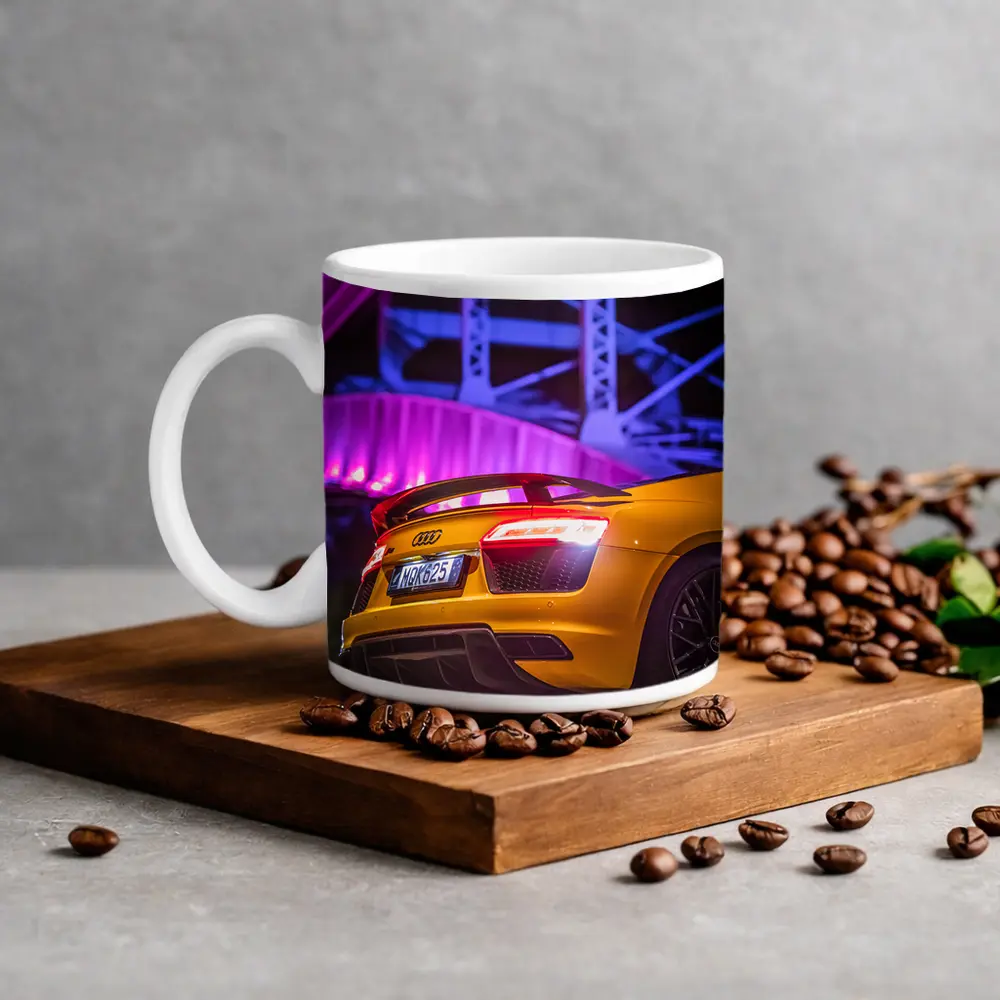Audi R8 Yellow Supercar Night Industrial Background – Mugs