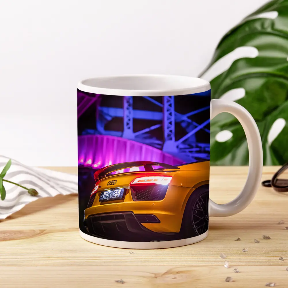 Audi R8 Yellow Supercar Night Industrial Background – Mugs