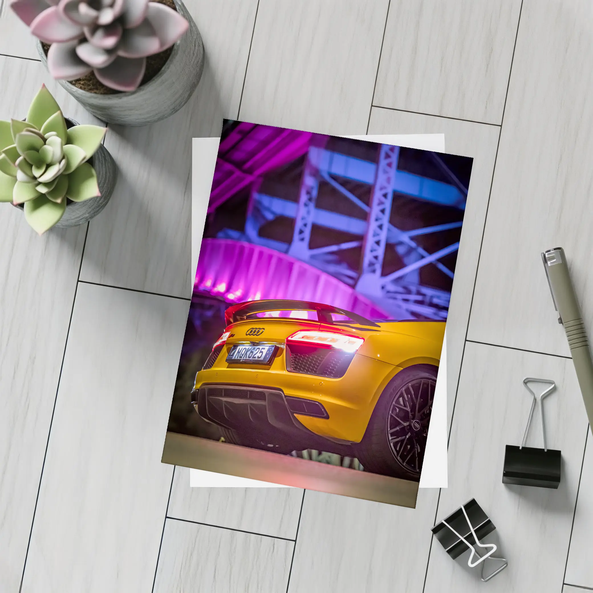 Audi R8 Yellow Supercar Night Industrial Background – Postcards