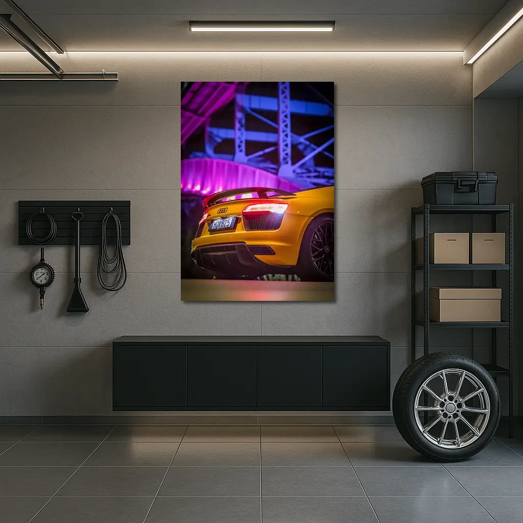 Audi R8 Yellow Supercar Night Industrial Background – Wall Art