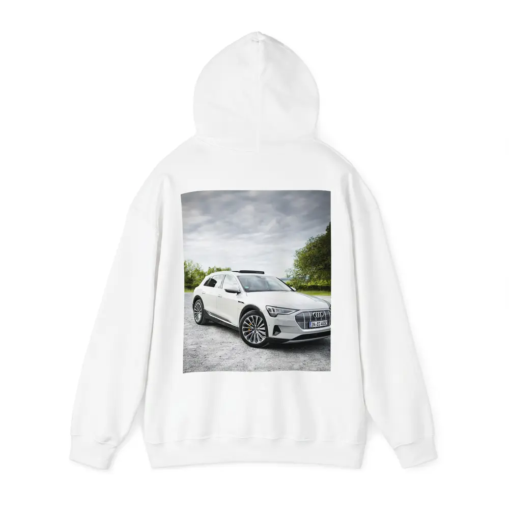 Audi E-Tron White SUV Cloudy Outdoor Setting – Hoodies