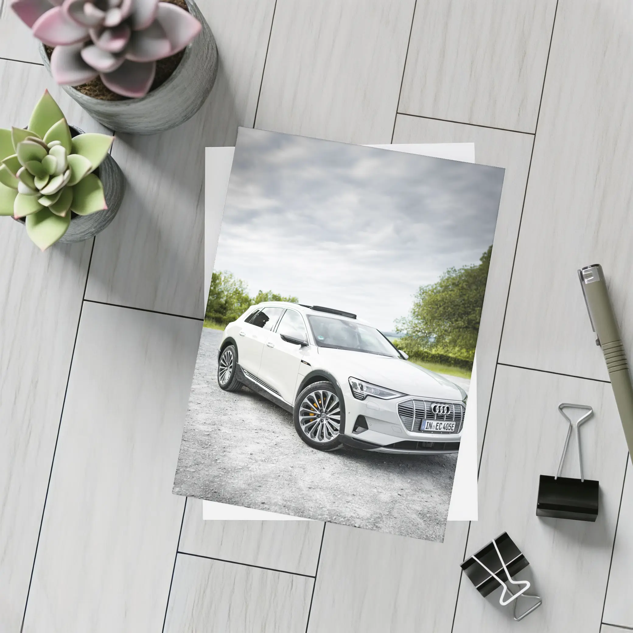 Audi E-Tron White SUV Cloudy Outdoor Setting – Postcards