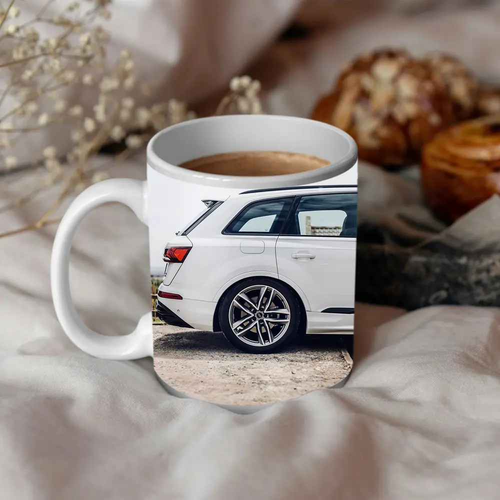 Audi Q7 White SUV Rear Side View – Mugs