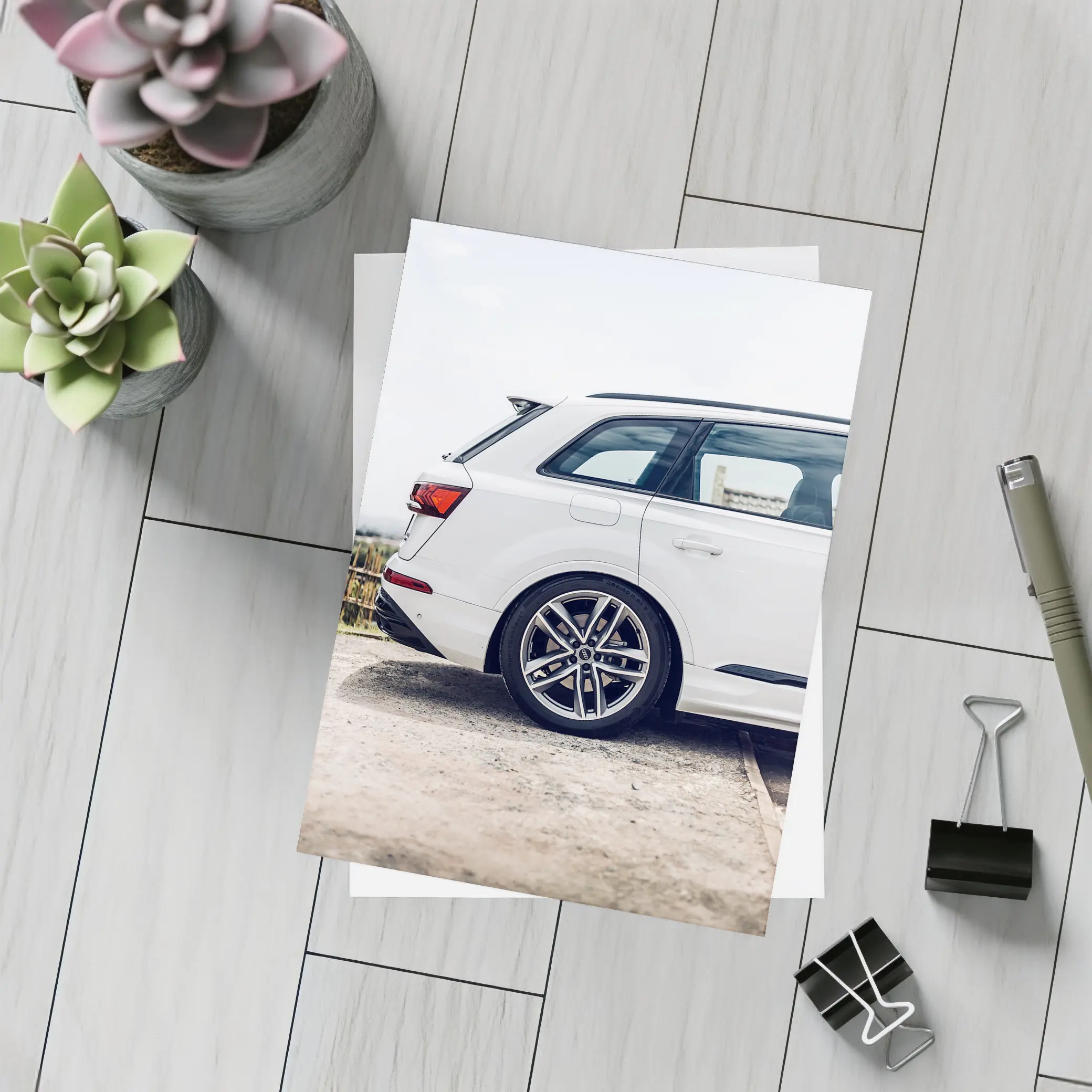 Audi Q7 White SUV Rear Side View – Postcards