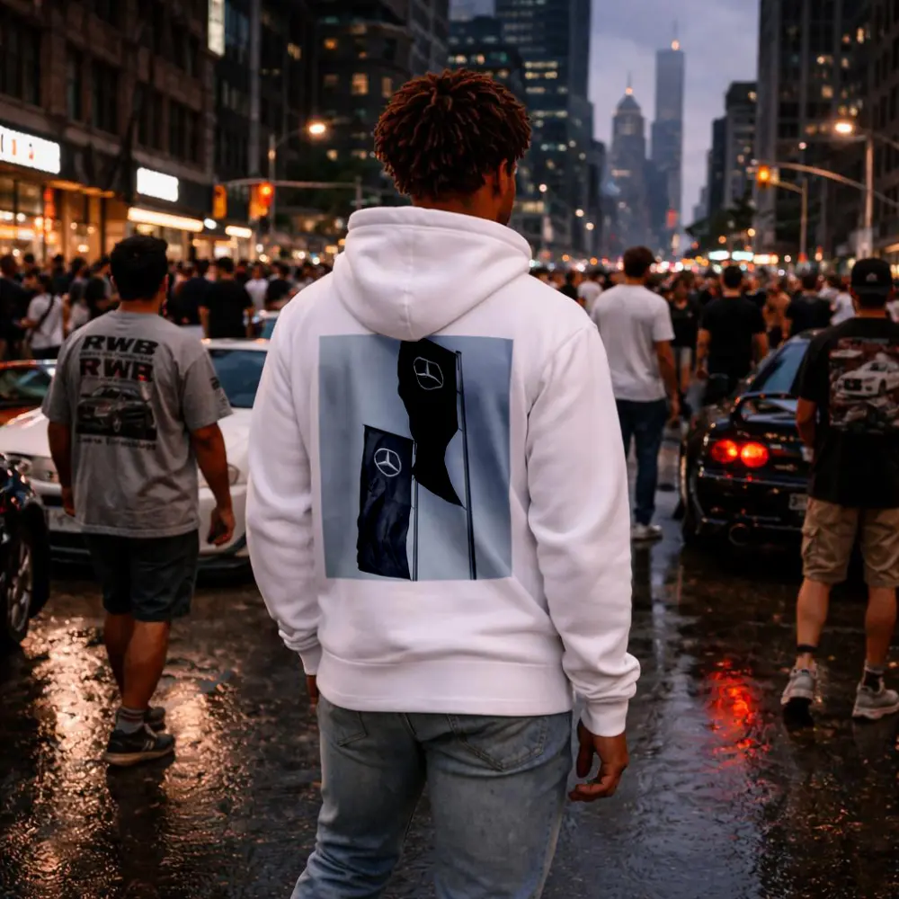 Mercedes Benz Flags Against Gray Sky – Hoodies