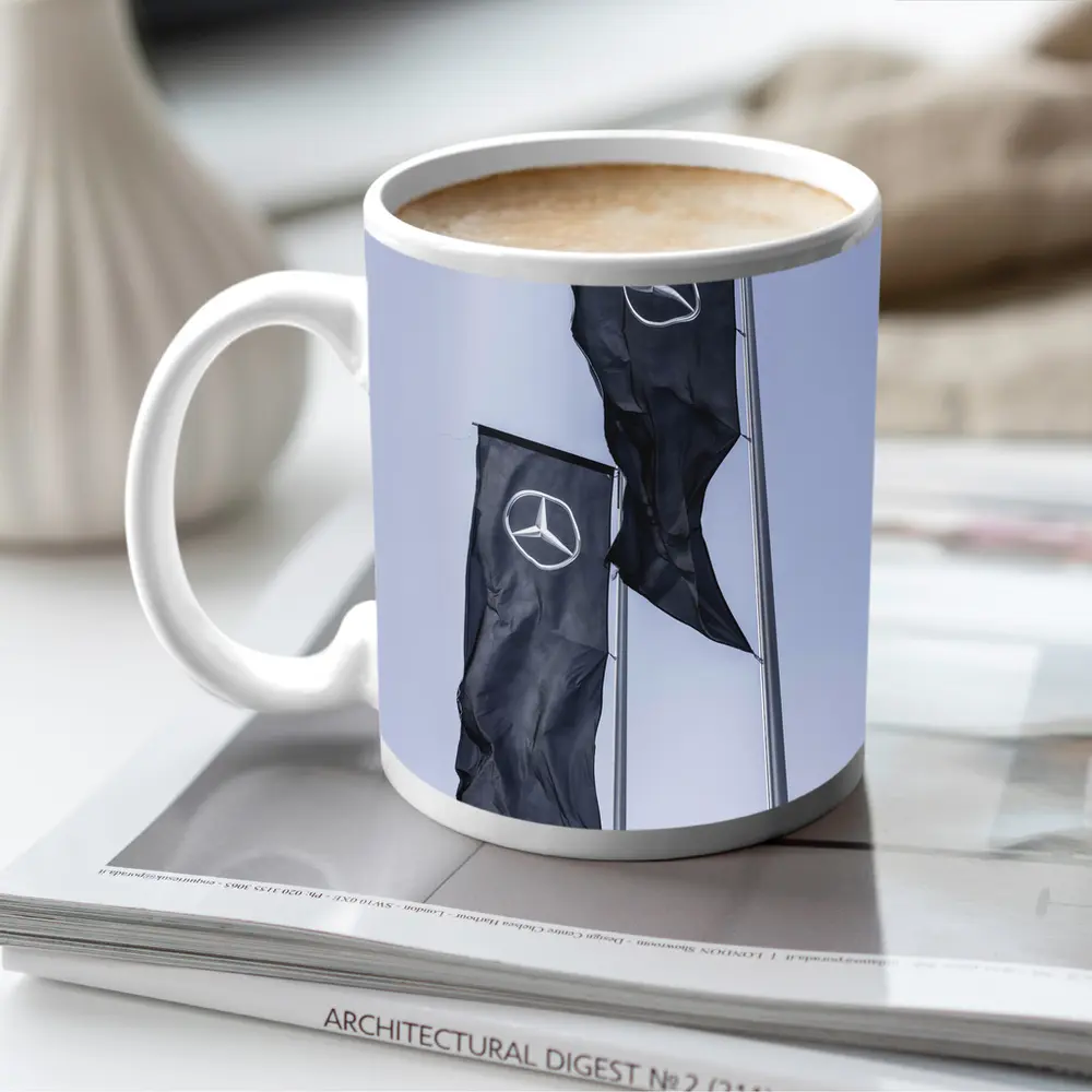 Mercedes Benz Flags Against Gray Sky – Mugs