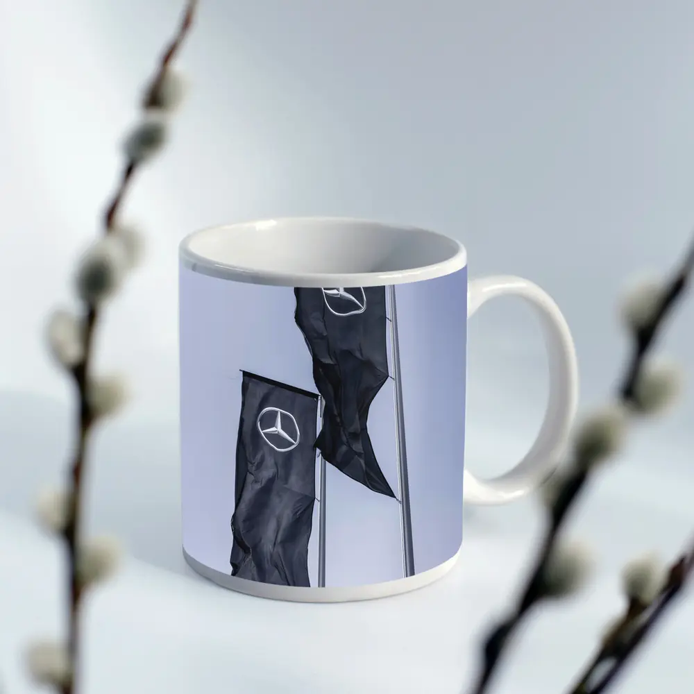 Mercedes Benz Flags Against Gray Sky – Mugs