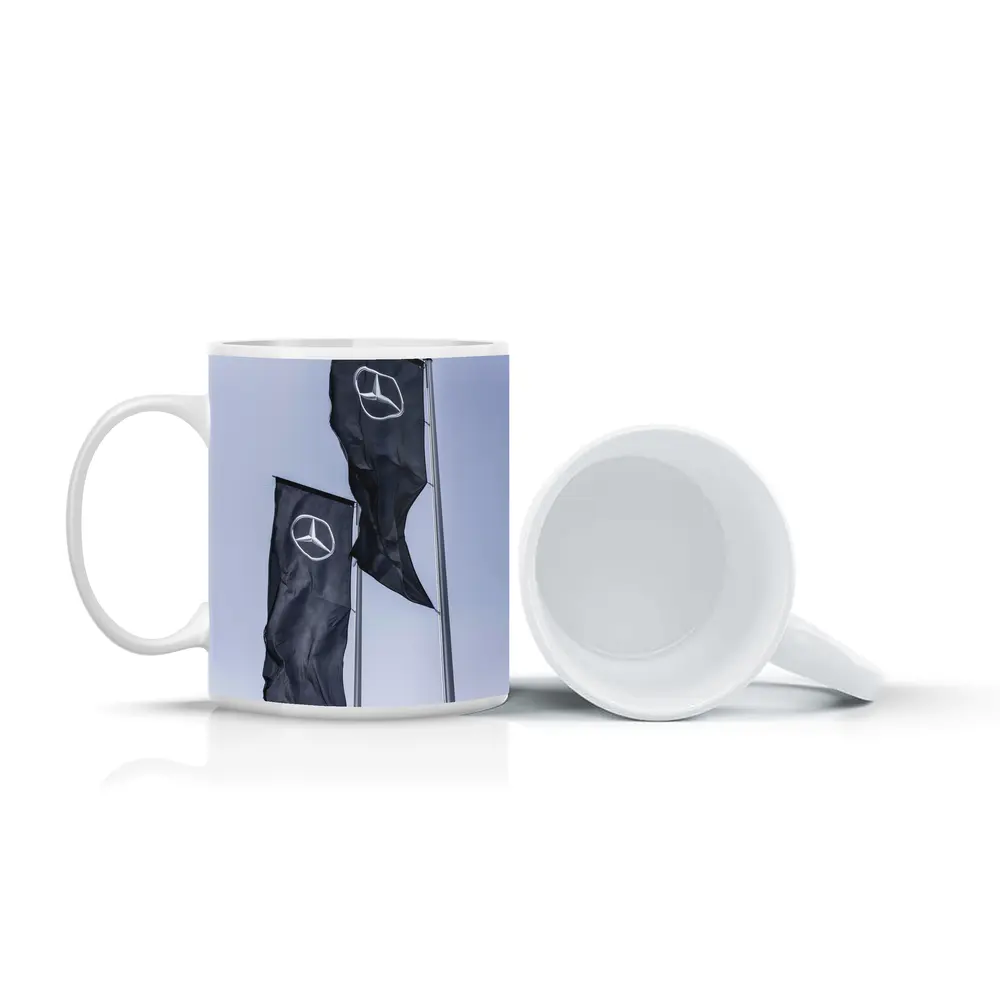 Mercedes Benz Flags Against Gray Sky – Mugs