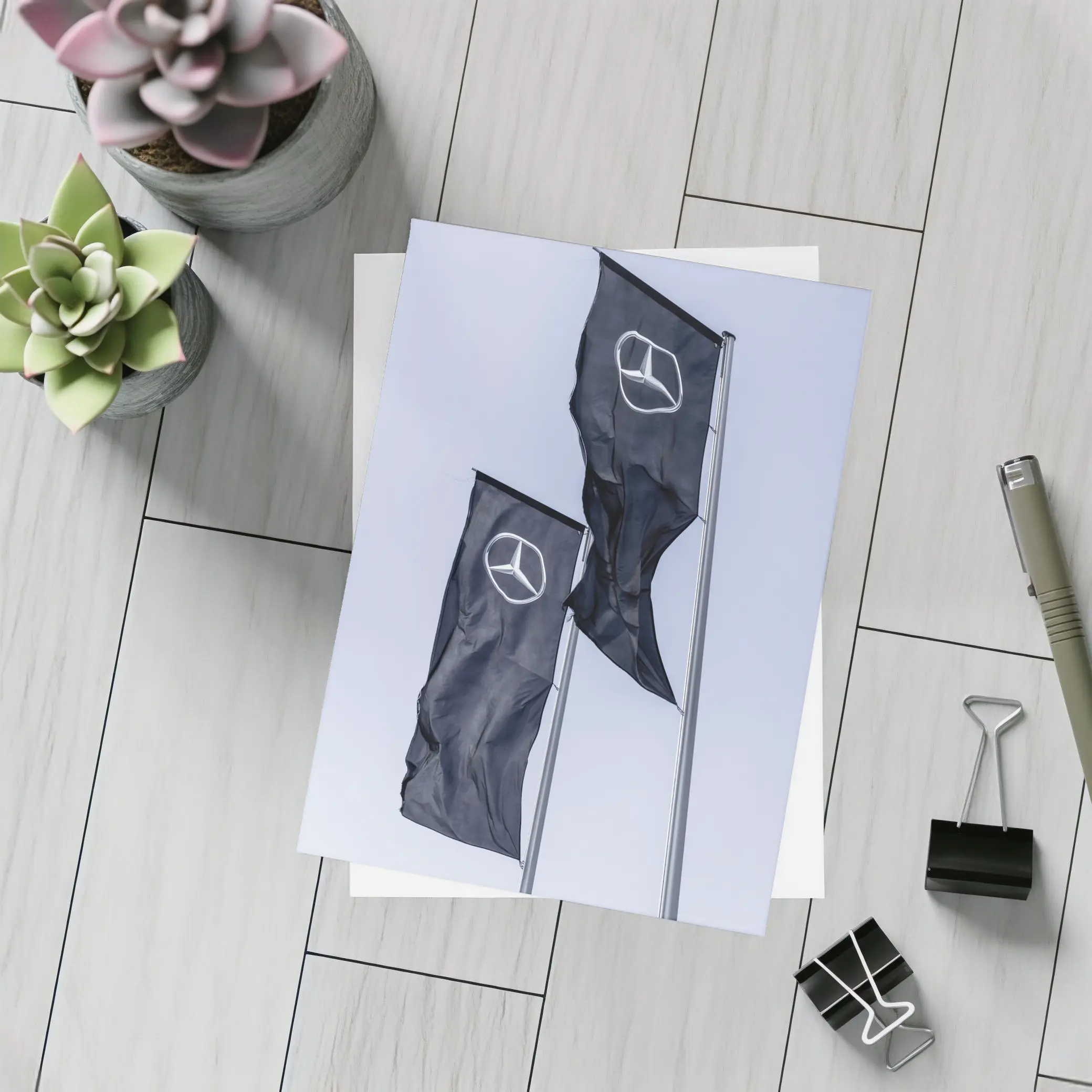 Mercedes Benz Flags Against Gray Sky – Postcards