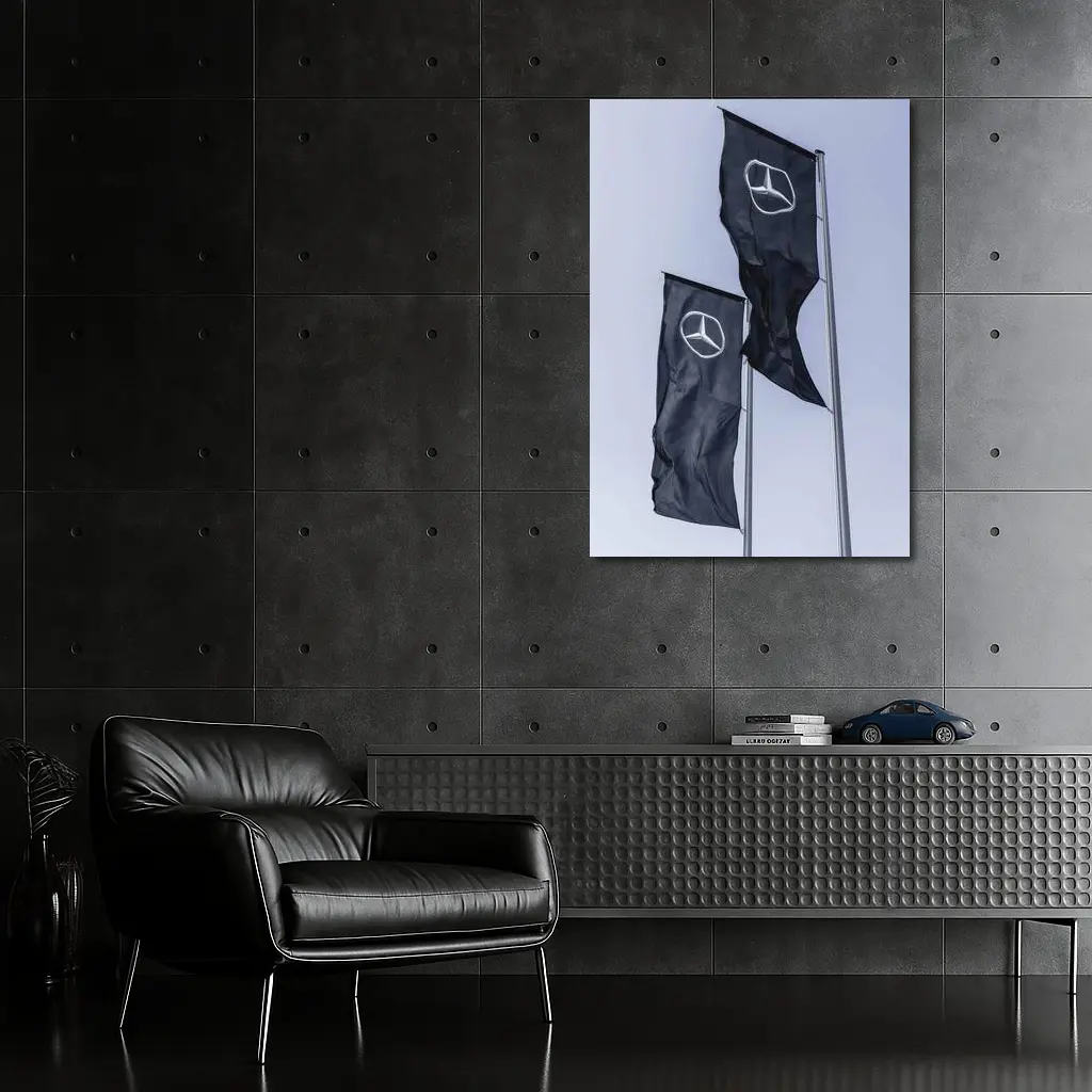 Mercedes Benz Flags Against Gray Sky – Wall Art