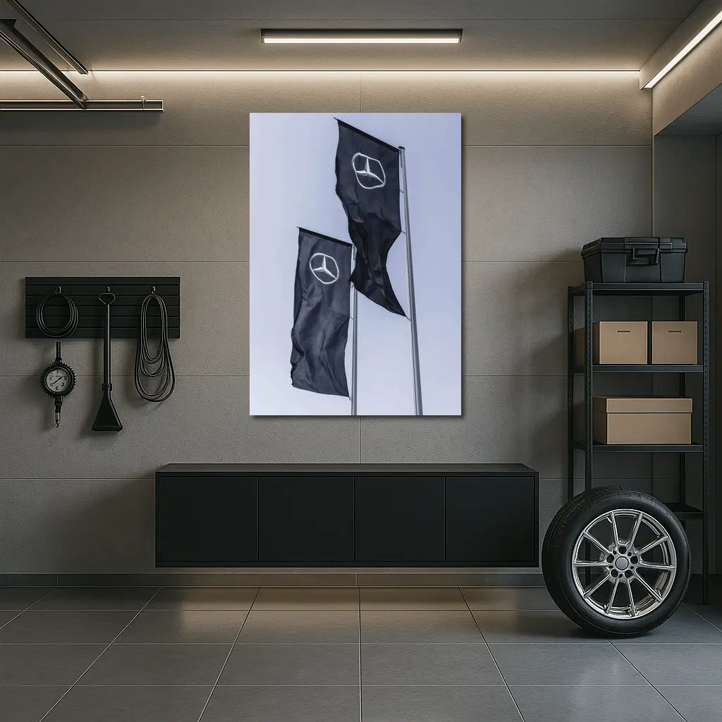 Mercedes Benz Flags Against Gray Sky – Wall Art