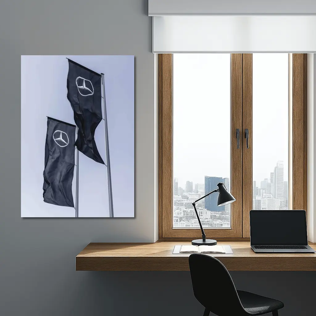 Mercedes Benz Flags Against Gray Sky – Wall Art