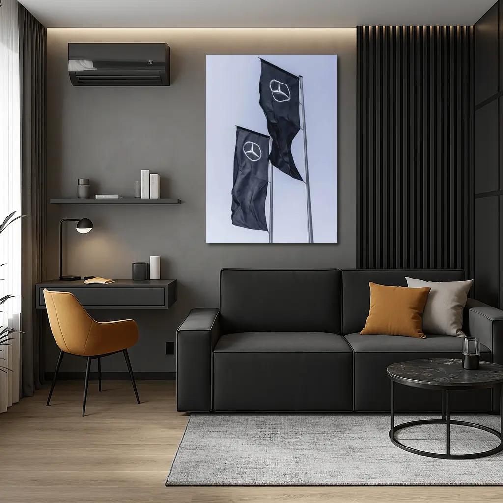 Mercedes Benz Flags Against Gray Sky – Wall Art