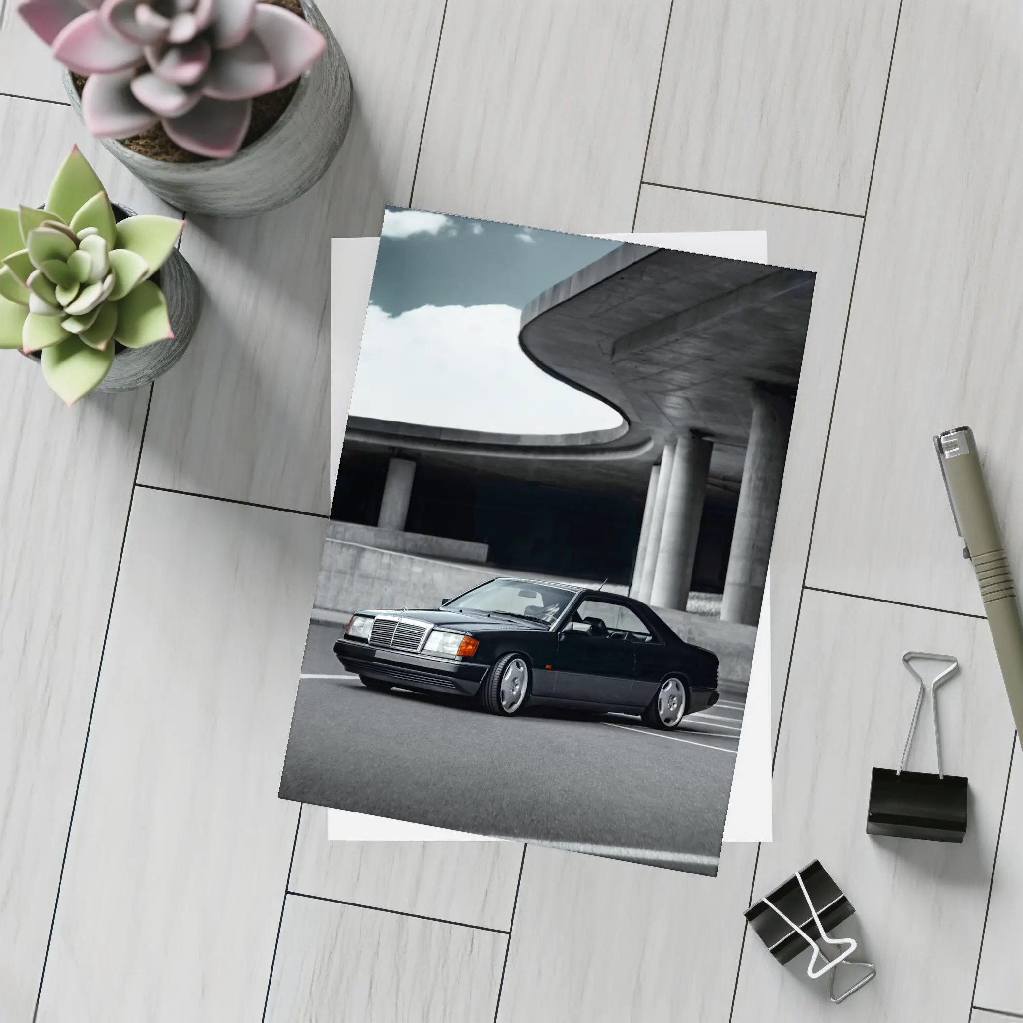 Black Mercedes W124 Coupe Urban Parking Structure – Postcards