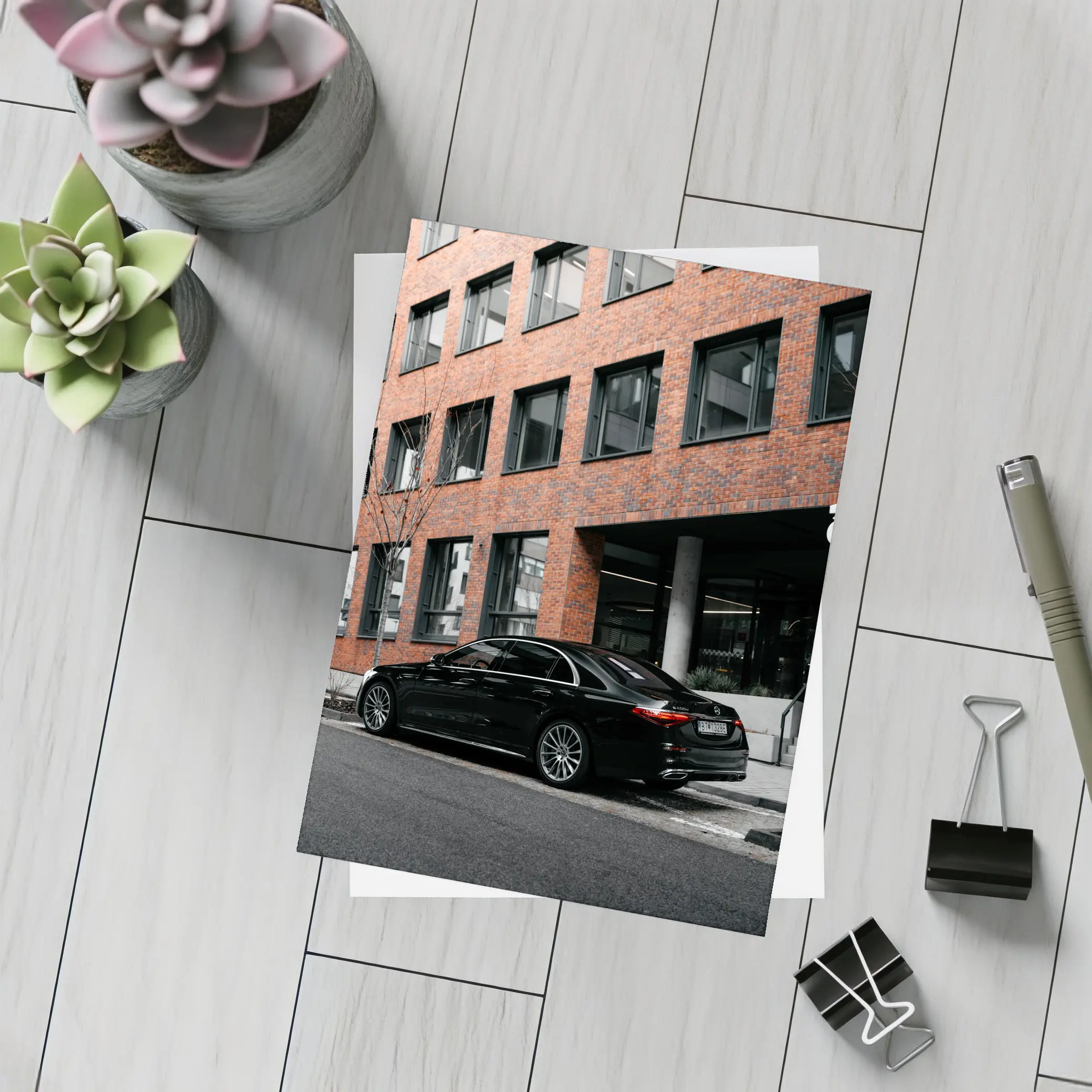 Black Mercedes S Class Urban Street Scene – Postcards
