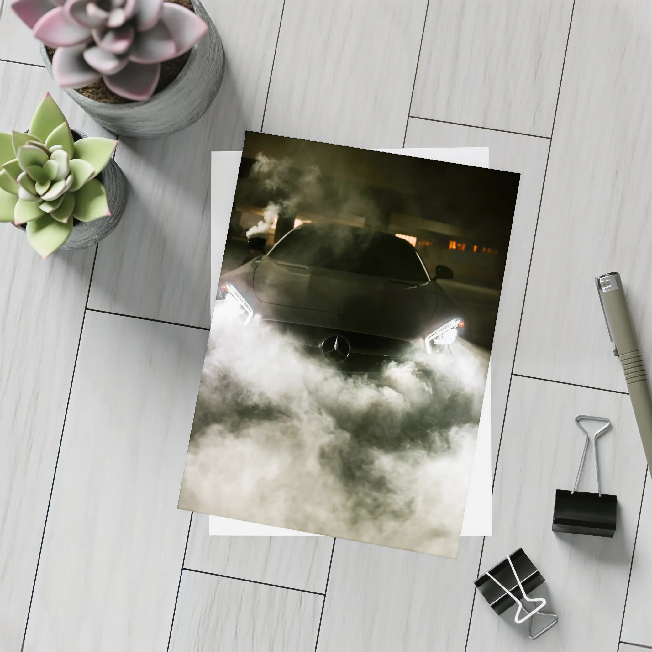 Mercedes Car Front View Smoke Night – Postcards