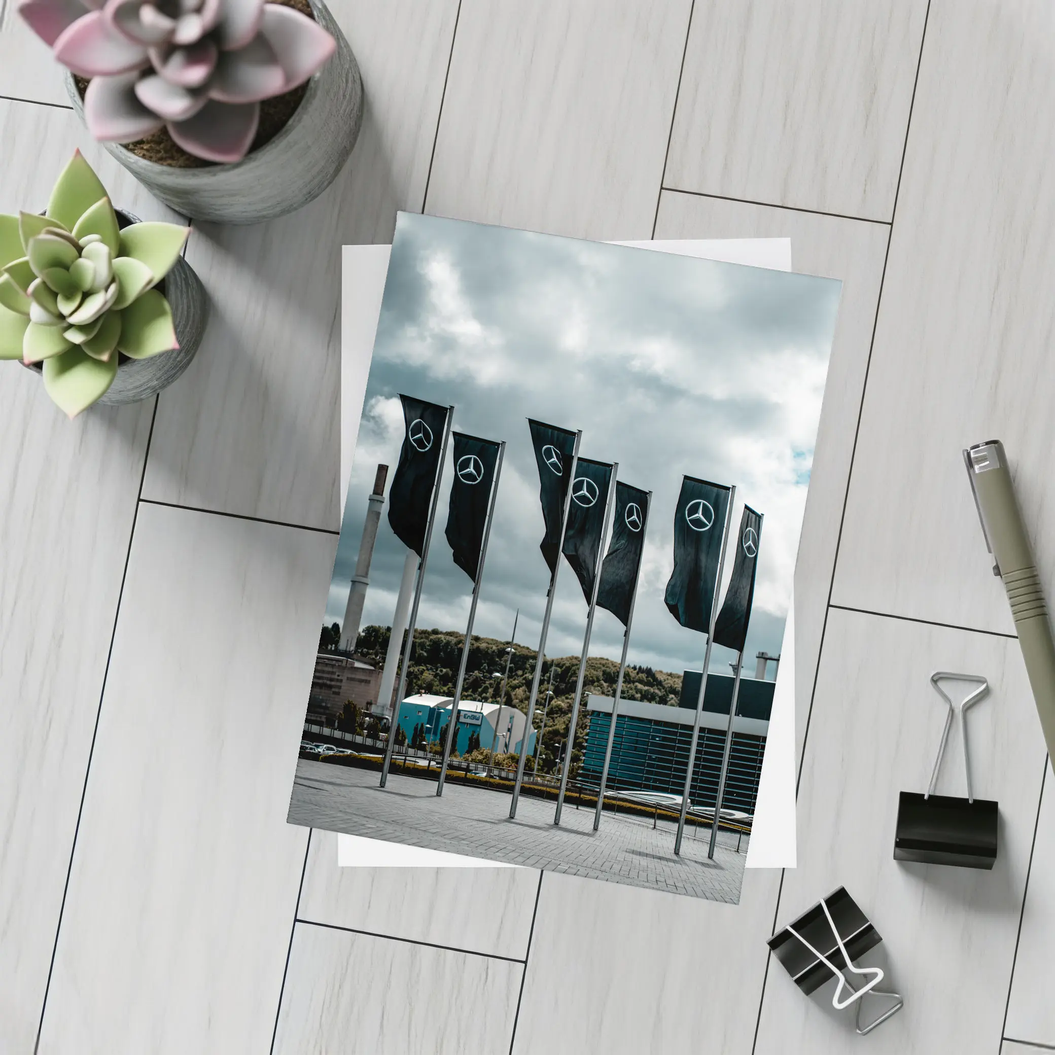 Mercedes Flags Row Cloudy Industrial Sky – Postcards