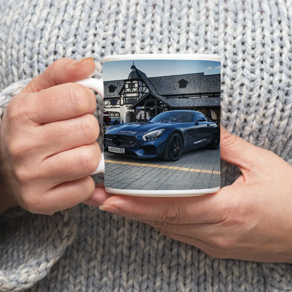 Mercedes AMG GT Blue Coupe Parked Outside – Mugs