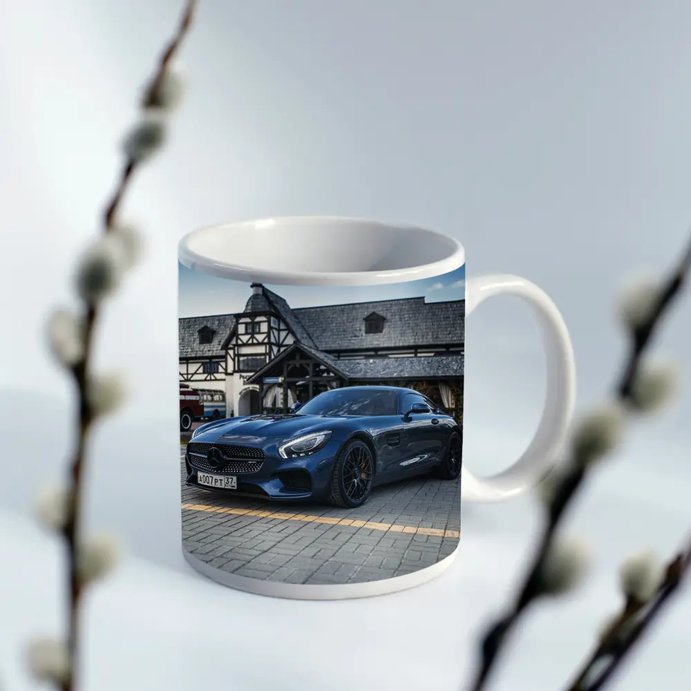 Mercedes AMG GT Blue Coupe Parked Outside – Mugs