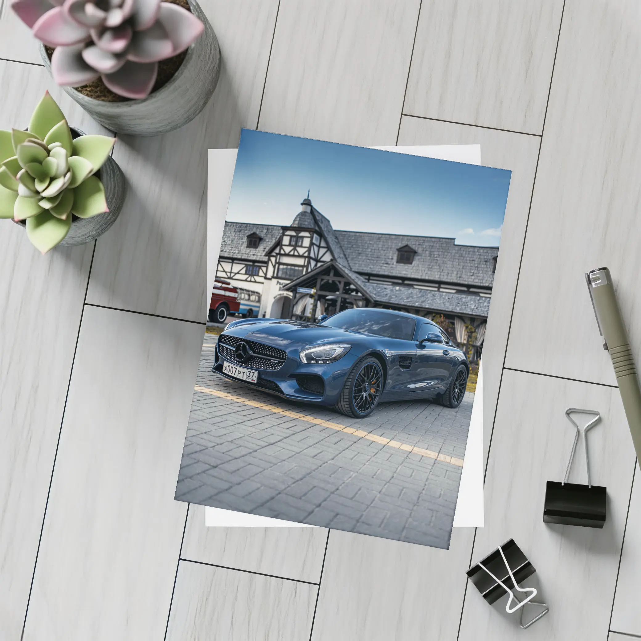 Mercedes AMG GT Blue Coupe Parked Outside – Postcards