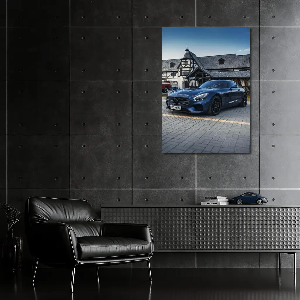 Mercedes AMG GT C190 Blue Coupe at Village House – Wall Art