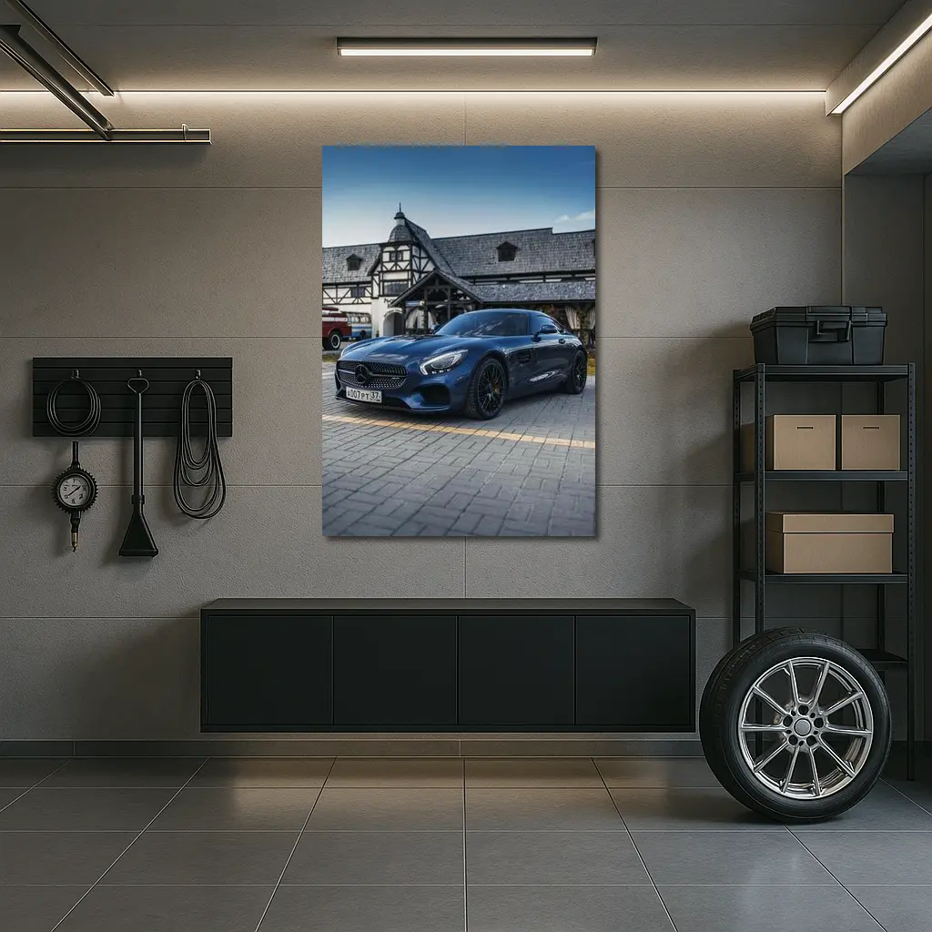 Mercedes AMG GT C190 Blue Coupe at Village House – Wall Art
