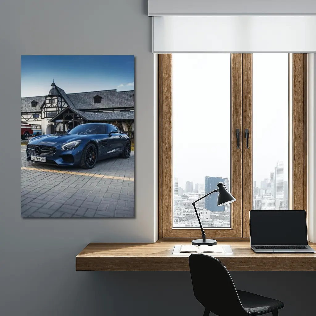 Mercedes AMG GT C190 Blue Coupe at Village House – Wall Art