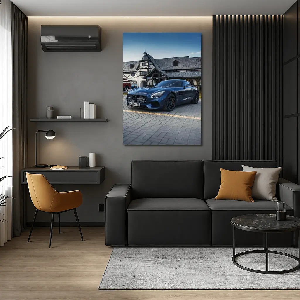 Mercedes AMG GT C190 Blue Coupe at Village House – Wall Art