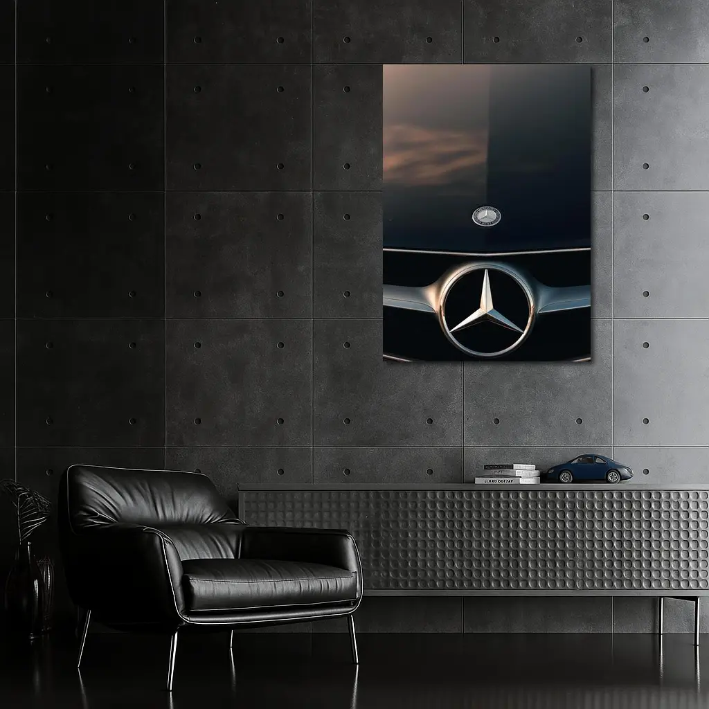Mercedes Benz Logo Close Up Dark Hood – Wall Art