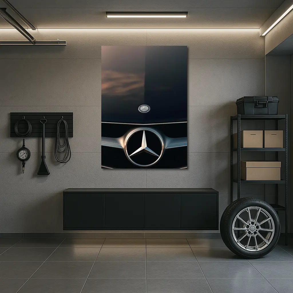 Mercedes Benz Logo Close Up Dark Hood – Wall Art