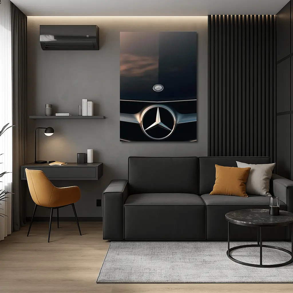 Mercedes Benz Logo Close Up Dark Hood – Wall Art