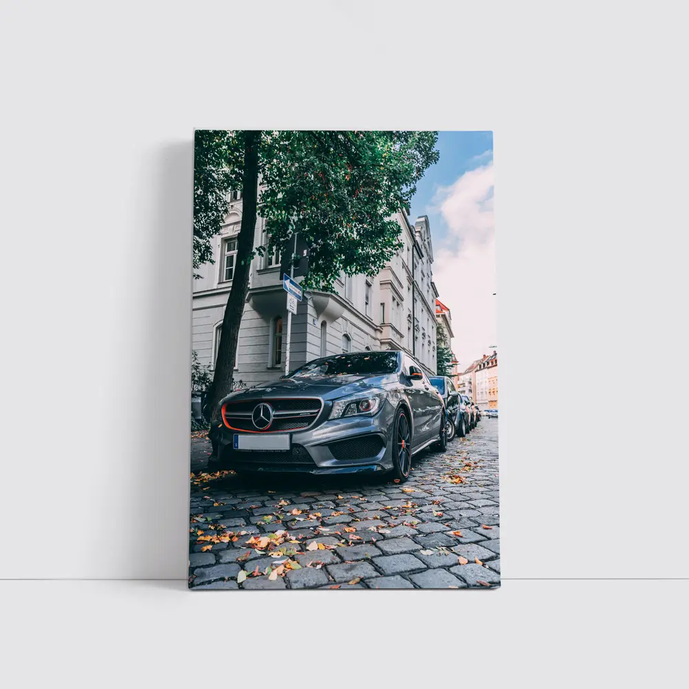 Mercedes CLA Parked on European Cobblestone Street – Wall Art