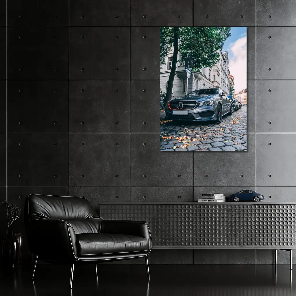 Mercedes CLA Parked on European Cobblestone Street – Wall Art