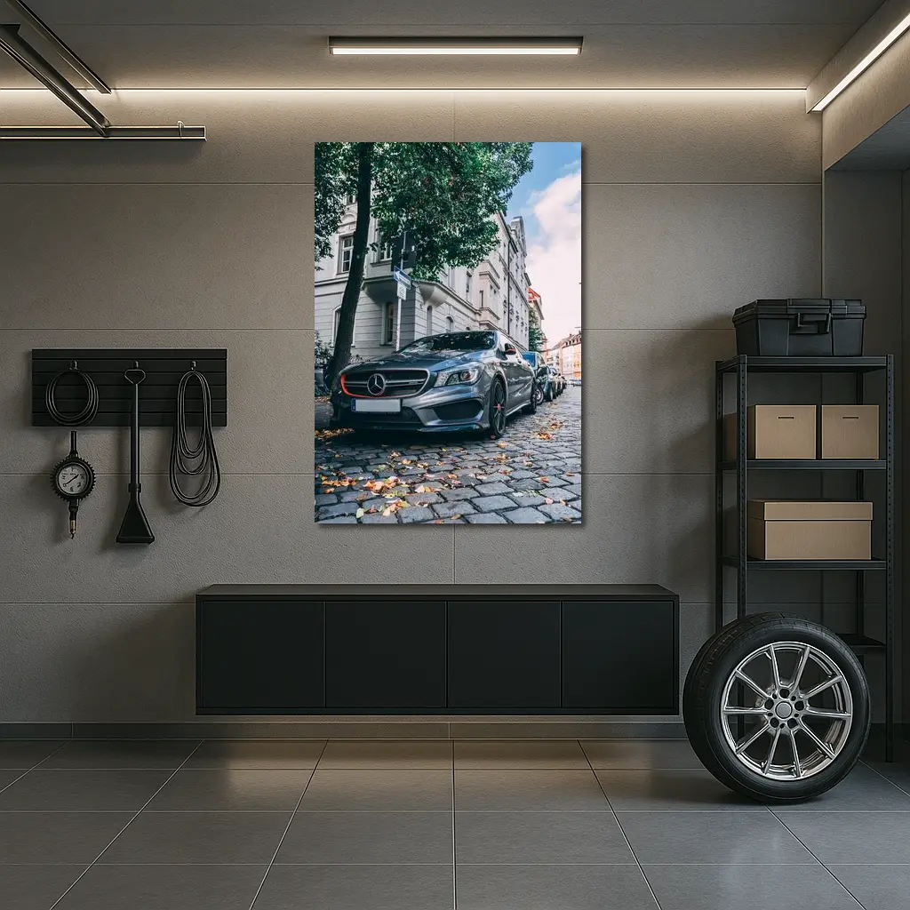 Mercedes CLA Parked on European Cobblestone Street – Wall Art
