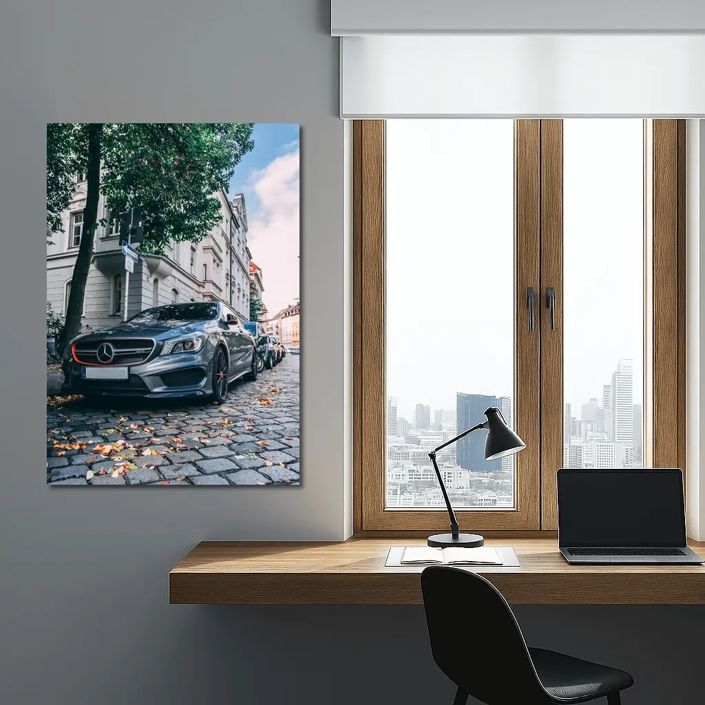 Mercedes CLA Parked on European Cobblestone Street – Wall Art